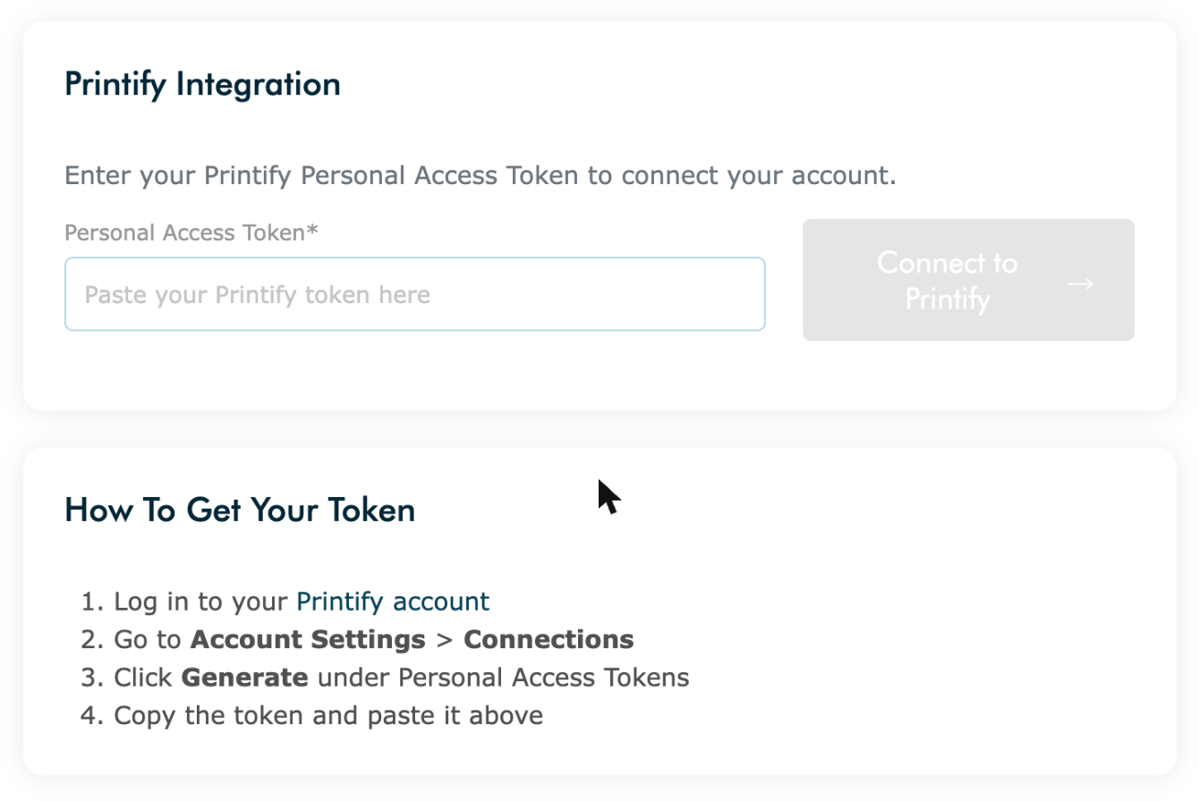 AgoraExchange Printify setup page with token field